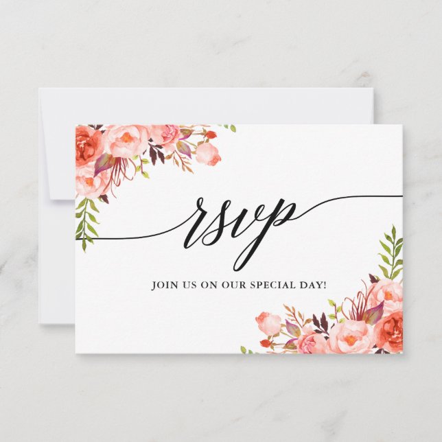 Calligraphy Coral Floral Wedding RSVP Meal Card (Front)