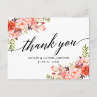 Calligraphy Coral Floral Wedding Thank You