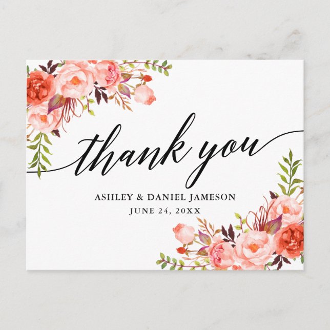 Calligraphy Coral Floral Wedding Thank You Postcard (Front)