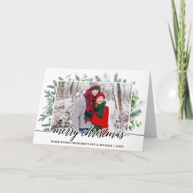 Calligraphy Couple Photo Christmas Pine Greenery Holiday Card (Front)