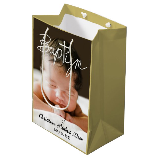 Calligraphy Cross Religious Photo Baptism Medium Gift Bag (Front Angled)