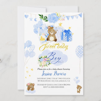Calligraphy Cute blue bear baby shower invitation