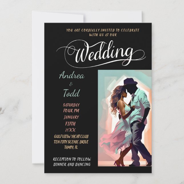 Calligraphy dance contrasting colours photo Weddin Invitation (Front)
