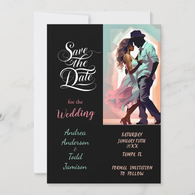 Calligraphy dance contrasting colours photo weddin save the date (Front)
