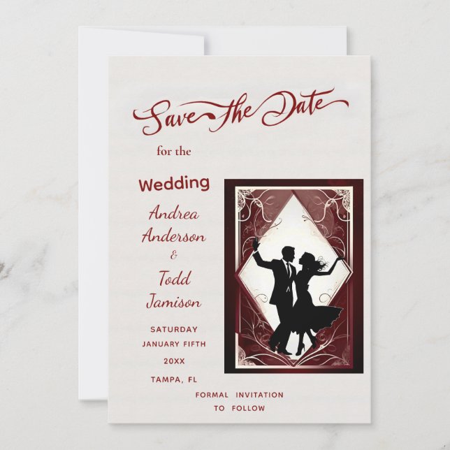 Calligraphy dance contrasting colours photo weddin save the date (Front)