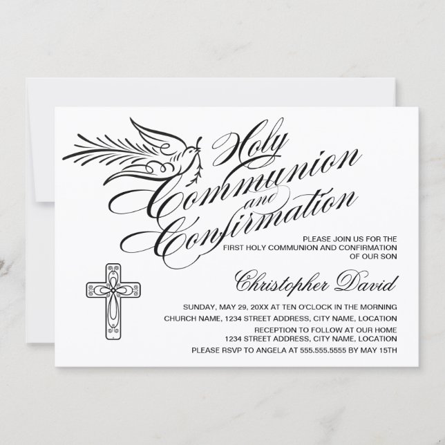Calligraphy Dove Holy Communion and Confirmation Invitation (Front)