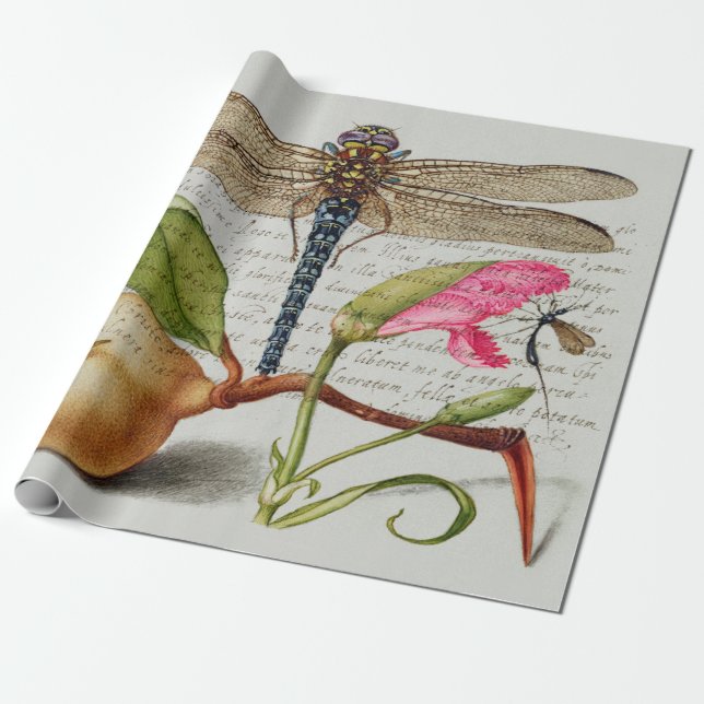 Calligraphy (Dragonfly, Carnation & Pear)  Wrapping Paper (Unrolled)