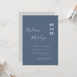 Calligraphy Dusty Blue and Grey Photo Wedding Invitation