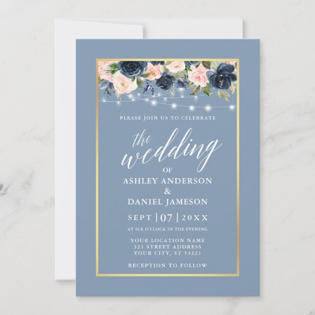 Calligraphy Dusty Blue Pink Floral Lights Wedding Invitation (Front)
