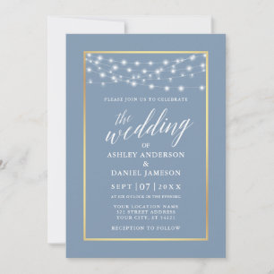 Calligraphy Dusty Blue String Lights Gold Wedding Invitation