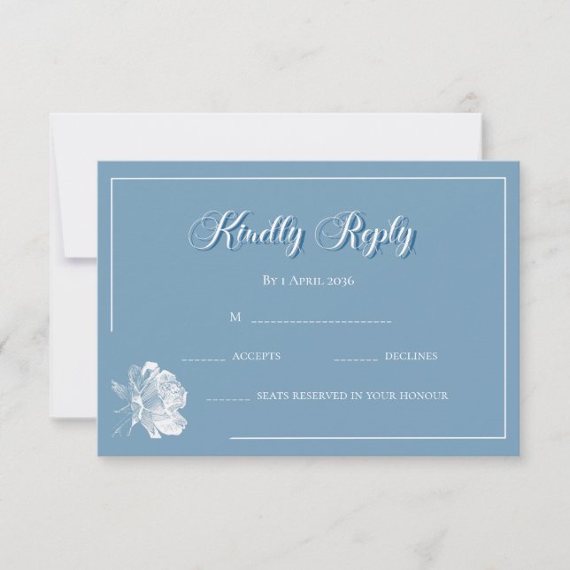 Calligraphy Dusty Blue White Floral RSVP Wedding  Card (Front)