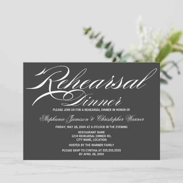 Calligraphy Elegance Grey Rehearsal Dinner Invitation (Standing Front)