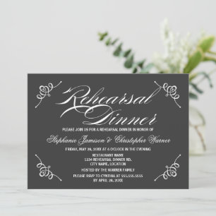 Calligraphy Elegance Grey Rehearsal Dinner Invitation