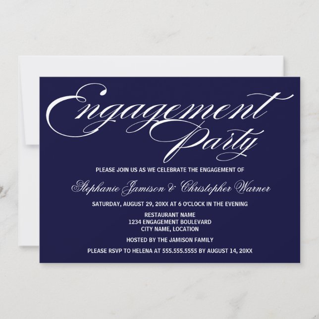 Calligraphy Elegance Navy Blue Engagement Party Invitation (Front)
