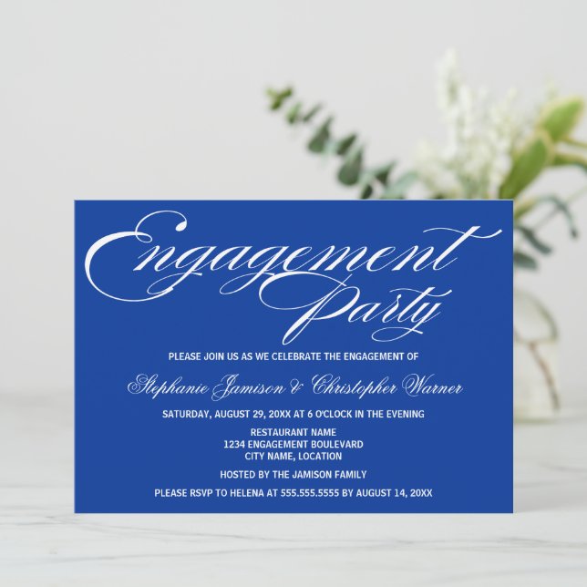 Calligraphy Elegance Royal Blue Engagement Party Invitation (Standing Front)
