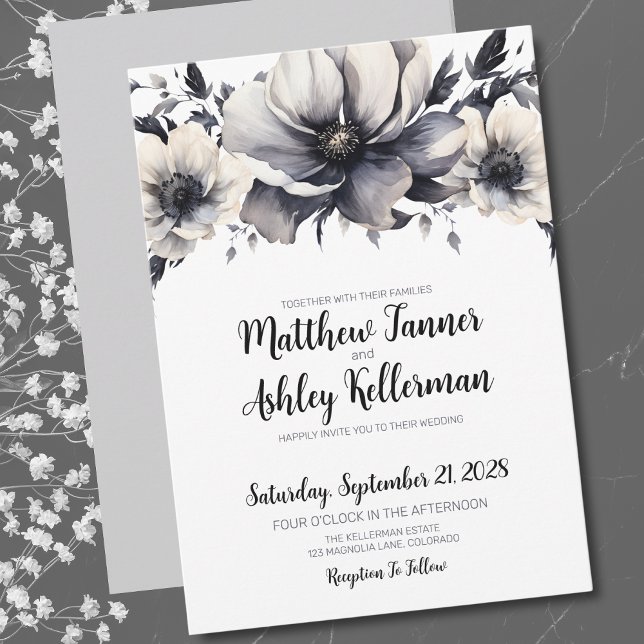 Calligraphy Elegant Black White Floral Wedding Invitation (Trendy Elegant Black White Floral Wedding Invitation)