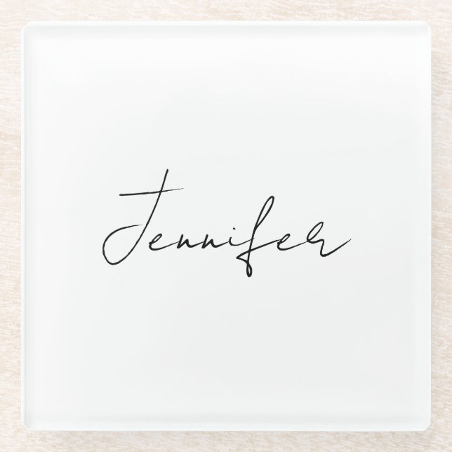 Calligraphy Elegant Black White Plain Simple Name Glass Coaster (Front)