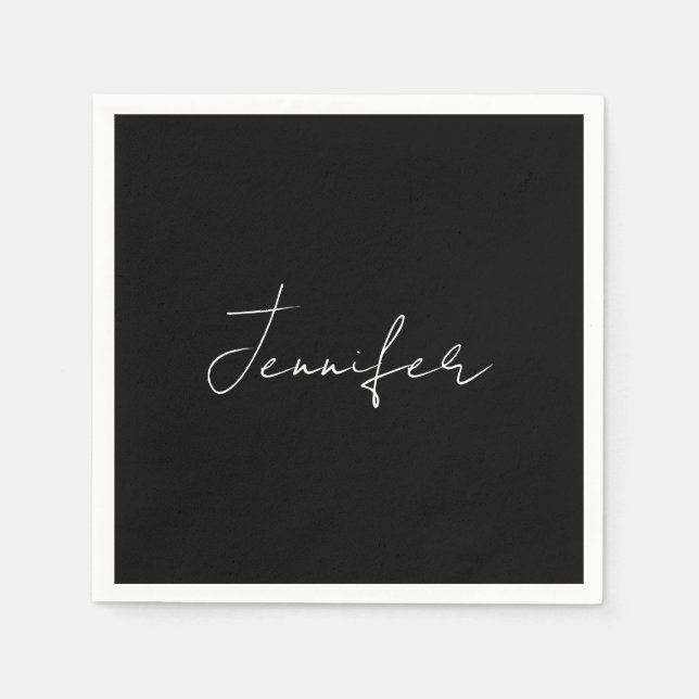 Calligraphy Elegant Black White Plain Simple Name Napkin (Front)