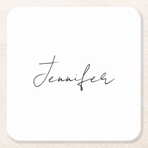 Calligraphy Elegant Black White Plain Simple Name Square Paper Coaster