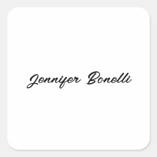 Calligraphy Elegant Black White Plain Simple Name Square Sticker