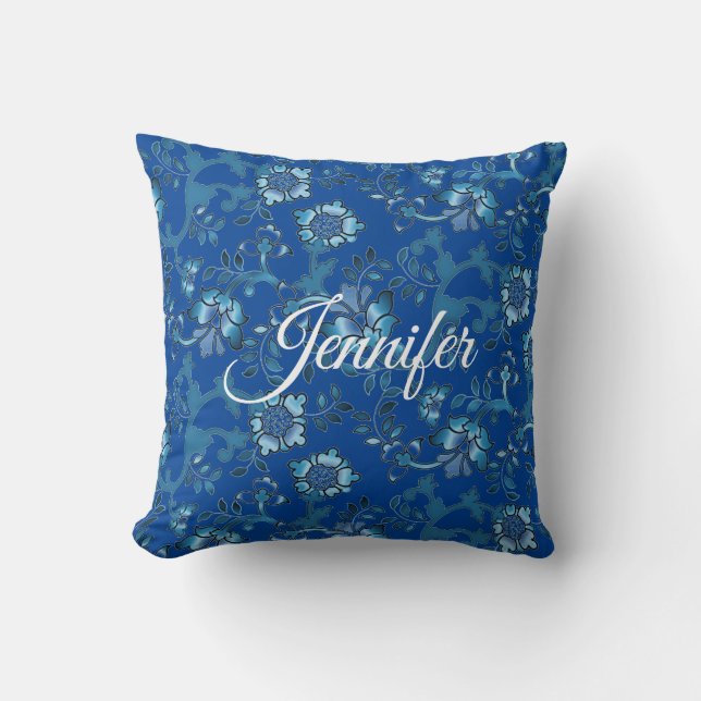 Calligraphy Elegant Blue Floral Custom Name Cushion (Front)