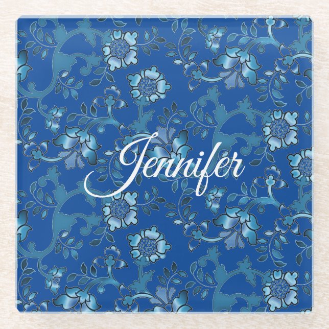 Calligraphy Elegant Blue Floral Custom Name Glass Coaster (Front)