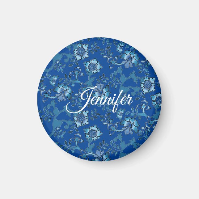Calligraphy Elegant Blue Floral Custom Name Magnet (Front)