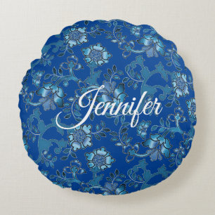 Calligraphy Elegant Blue Floral Custom Name Round Cushion