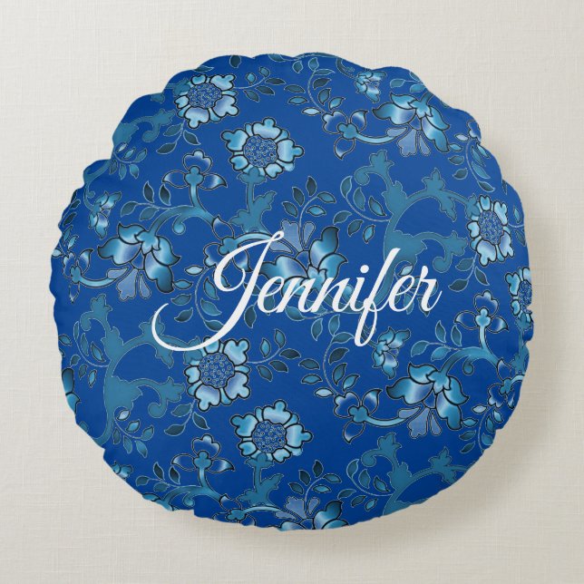 Calligraphy Elegant Blue Floral Custom Name Round Cushion (Front)