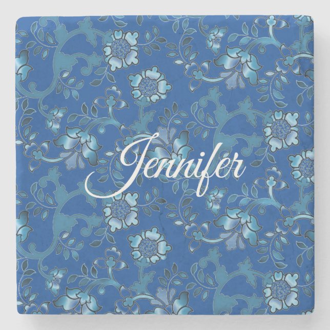 Calligraphy Elegant Blue Floral Custom Name Stone Coaster (Front)