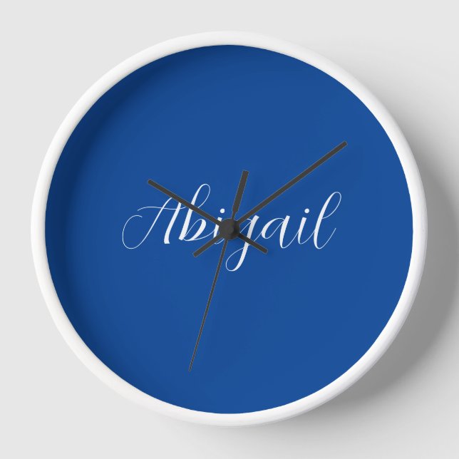 Calligraphy Elegant Blue White Plain Simple Name Clock (Front)