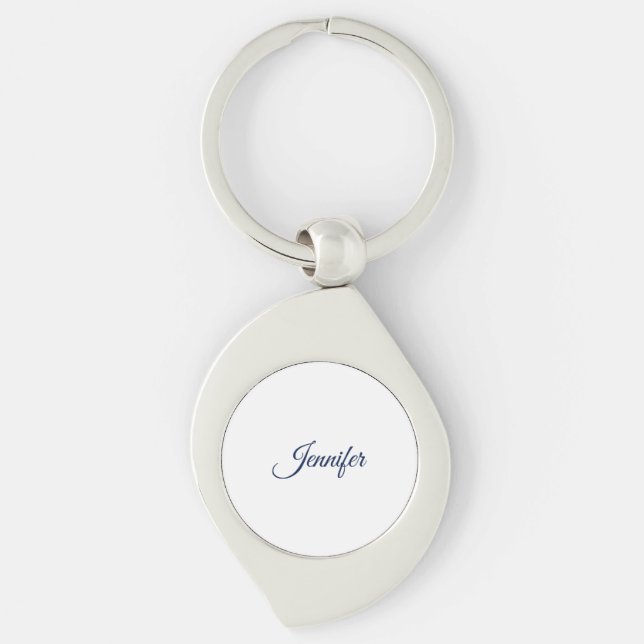 Calligraphy Elegant Blue White Plain Simple Name Key Ring (Front)