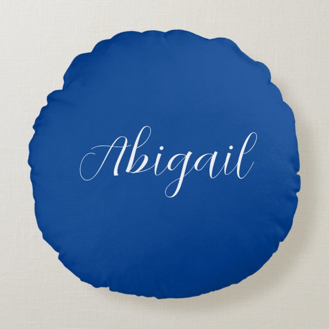 Calligraphy Elegant Blue White Plain Simple Name Round Cushion (Front)