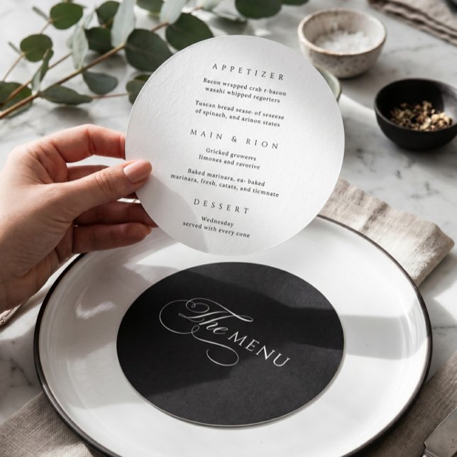 Calligraphy Elegant Circle Black Wedding Menu (Creator Uploaded)