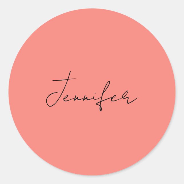 Calligraphy Elegant Coral Pink Plain Simple Name Classic Round Sticker (Front)