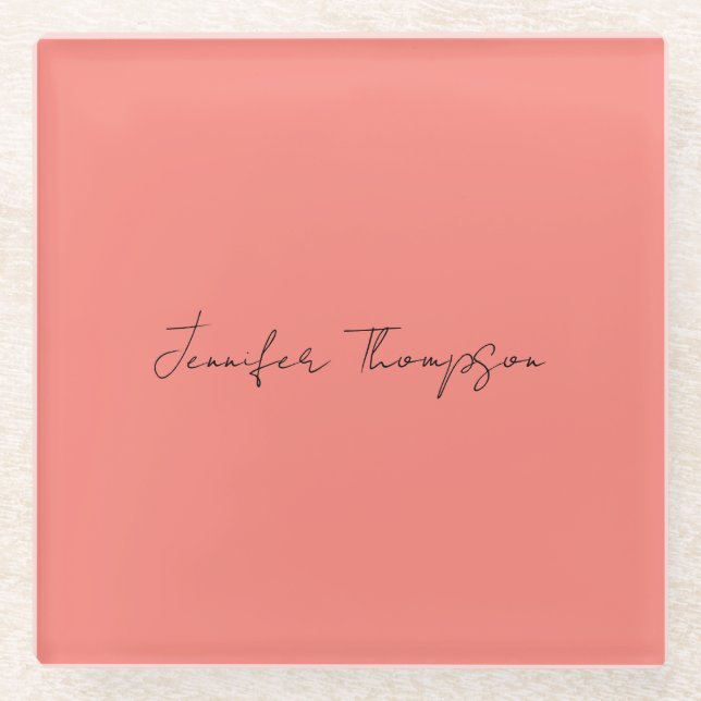 Calligraphy Elegant Coral Pink Plain Simple Name Glass Coaster (Front)