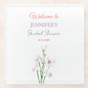 Calligraphy Elegant Floral Welcome Bridal Shower Glass Coaster