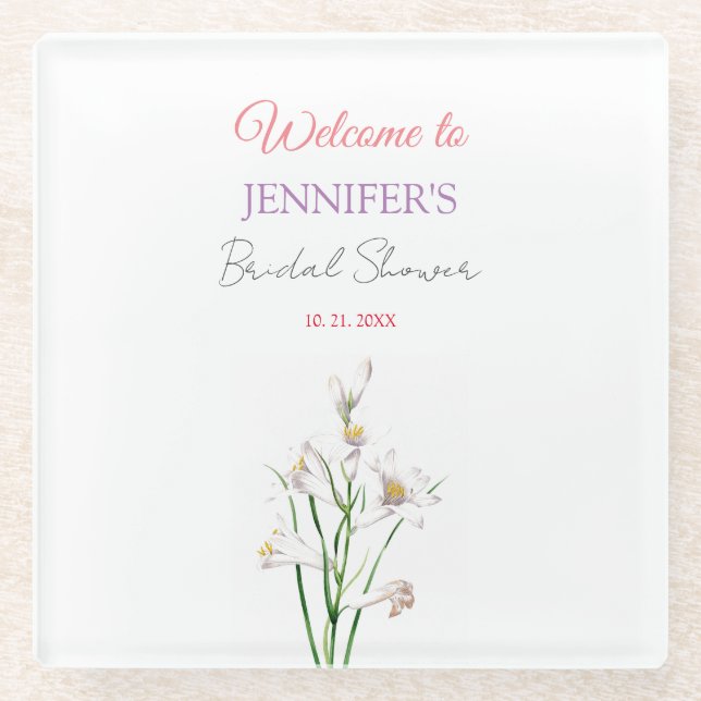 Calligraphy Elegant Floral Welcome Bridal Shower Glass Coaster (Front)