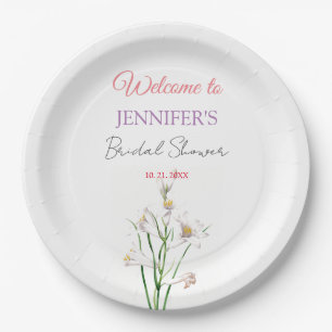 Calligraphy Elegant Floral Welcome Bridal Shower Paper Plate