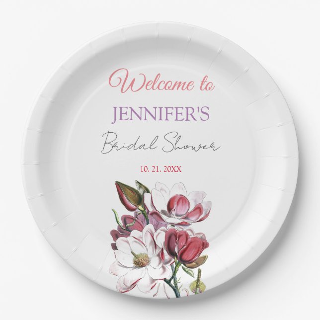 Calligraphy Elegant Floral Welcome Bridal Shower Paper Plate (Front)