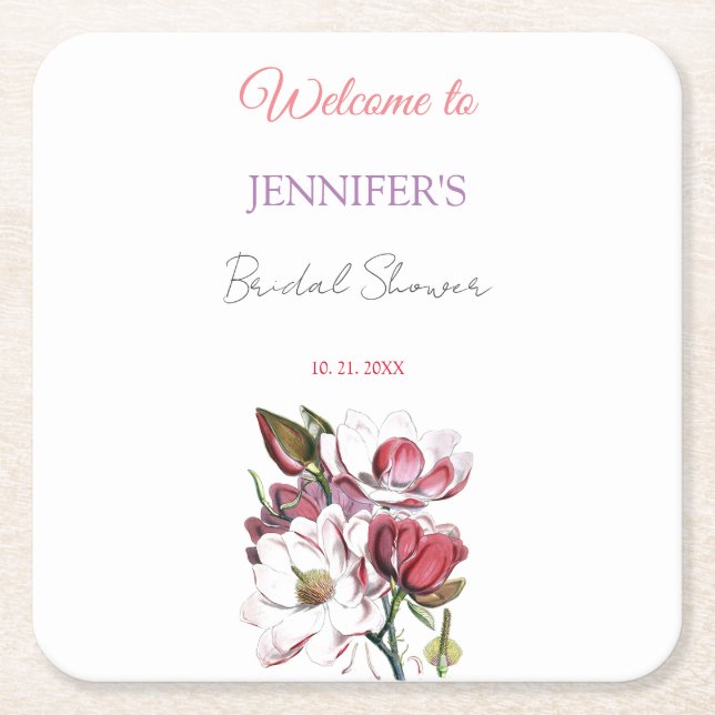 Calligraphy Elegant Floral Welcome Bridal Shower Square Paper Coaster (Front)