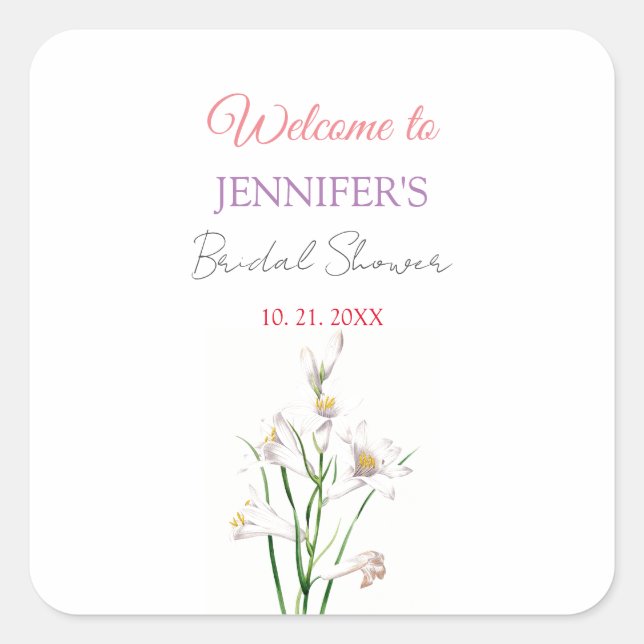 Calligraphy Elegant Floral Welcome Bridal Shower Square Sticker (Front)