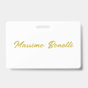 Calligraphy Elegant Gold White Plain Simple Name ID Badge