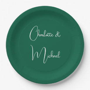 Calligraphy Elegant Green Plain Simple Names Paper Plate