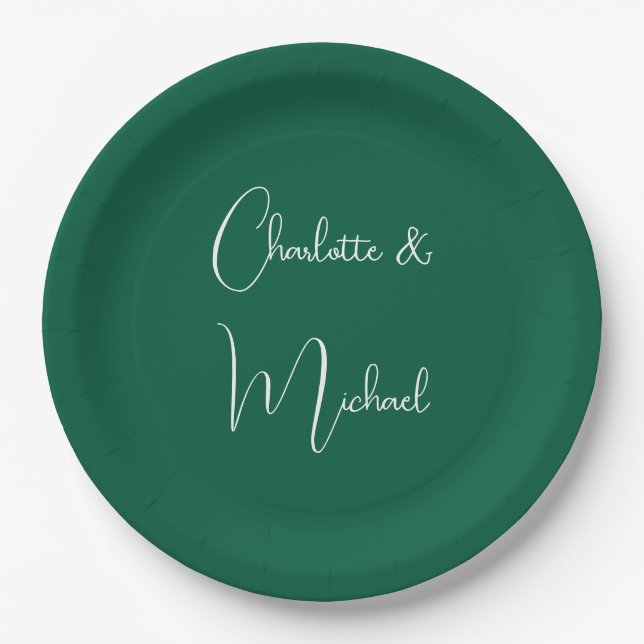 Calligraphy Elegant Green Plain Simple Names Paper Plate (Front)