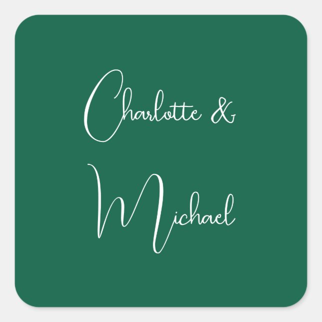 Calligraphy Elegant Green Plain Simple Names Square Sticker (Front)