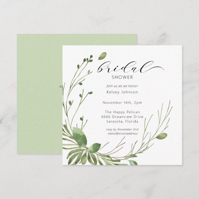 Calligraphy Elegant Greenery Bridal Shower Invitation (Front/Back)