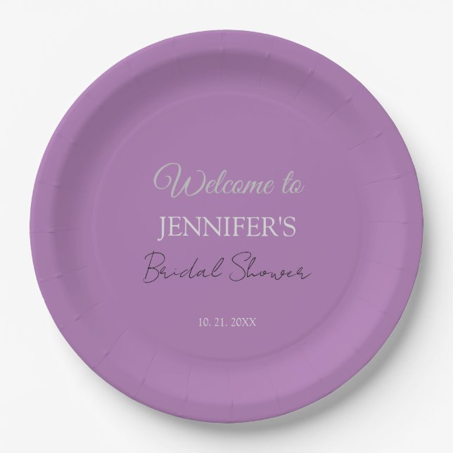 Calligraphy Elegant Lavender Welcome Bridal Shower Paper Plate (Front)