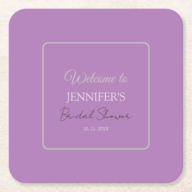 Calligraphy Elegant Lavender Welcome Bridal Shower Square Paper Coaster (Front)