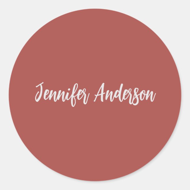 Calligraphy Elegant Personalised Brick Red Classic Round Sticker (Front)